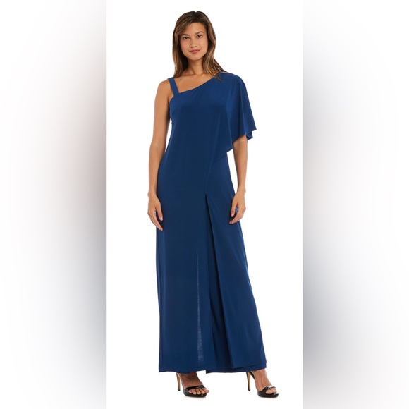 R&M Richards Flare Jumpsuit with Overlay and Draped Sleeves Peacock Blue - Picture 1 of 8